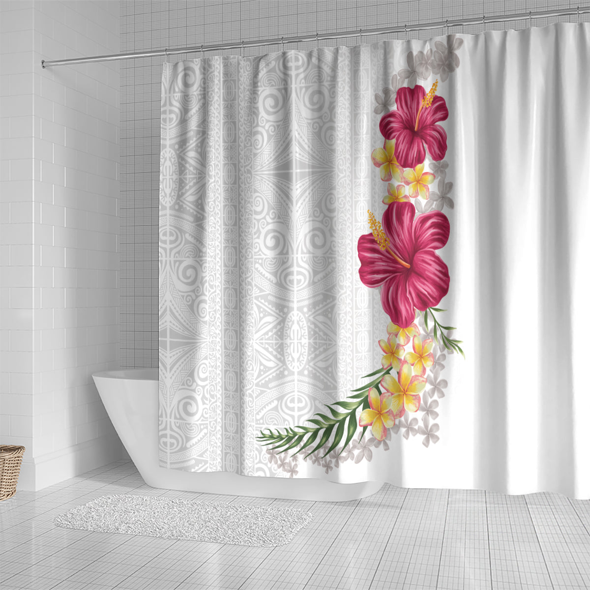 Hawaiian Plumeria and Hibiscus Shower Curtain White Mode