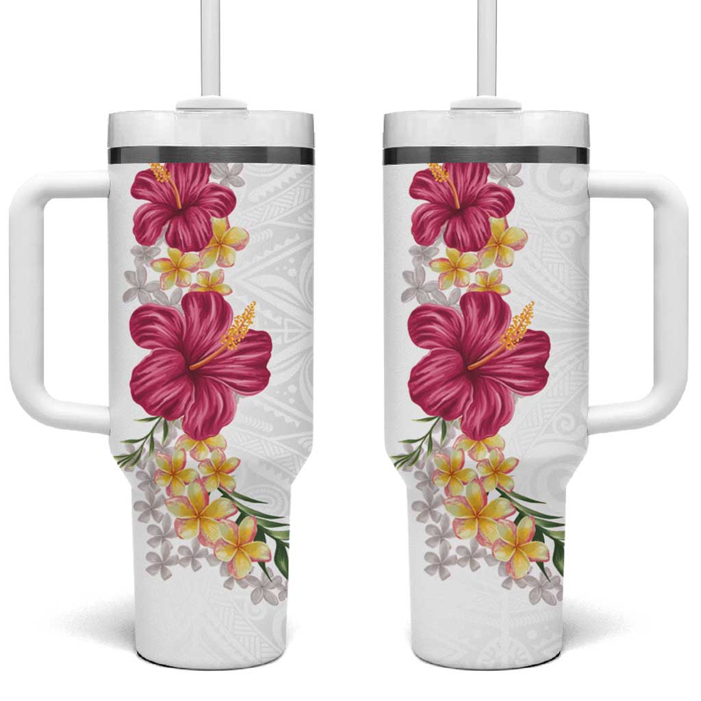 Hawaiian Plumeria and Hibiscus Tumbler With Handle - White Mode LT03 One Size: 40 oz White - Polynesian Pride