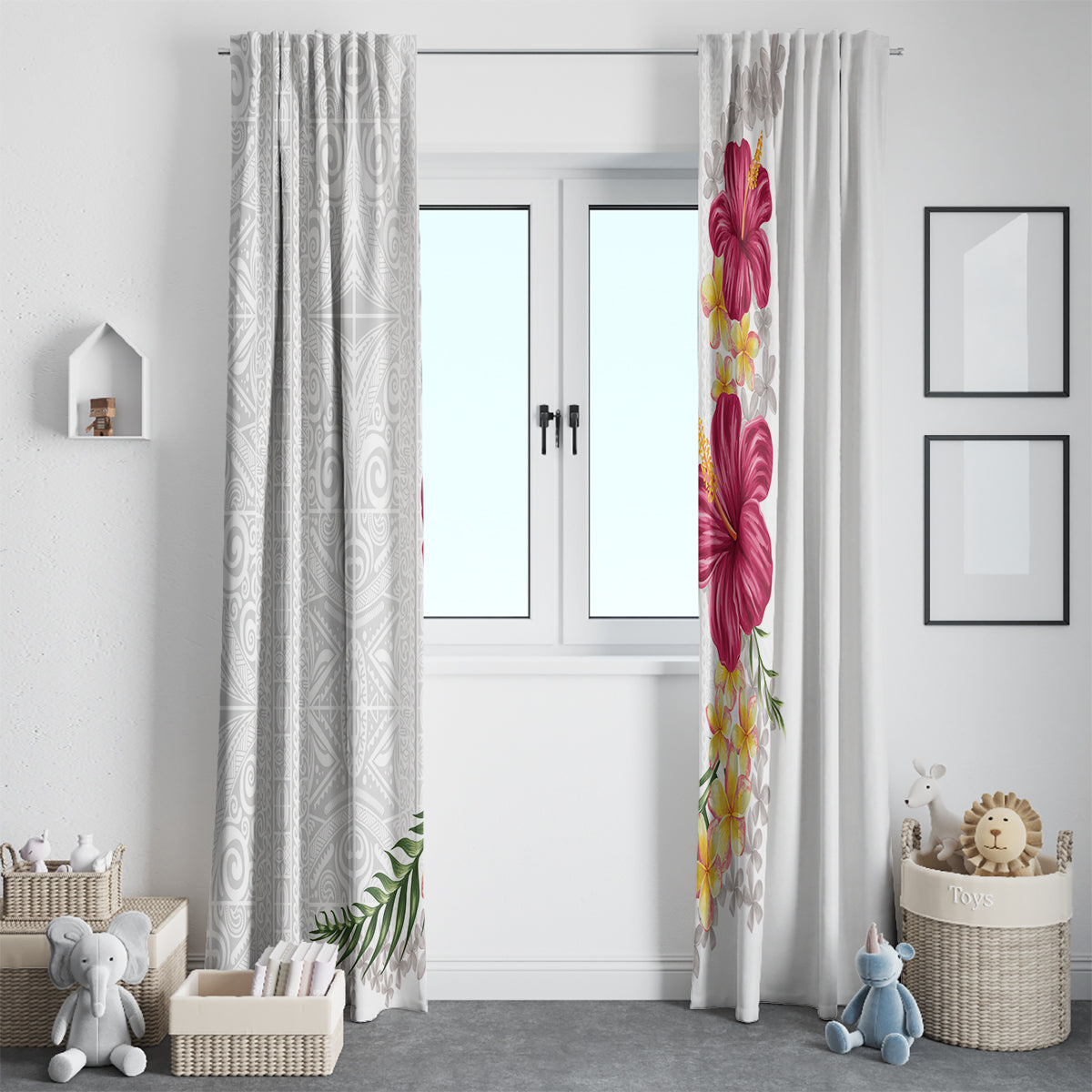 Hawaiian Plumeria and Hibiscus Window Curtain White Mode