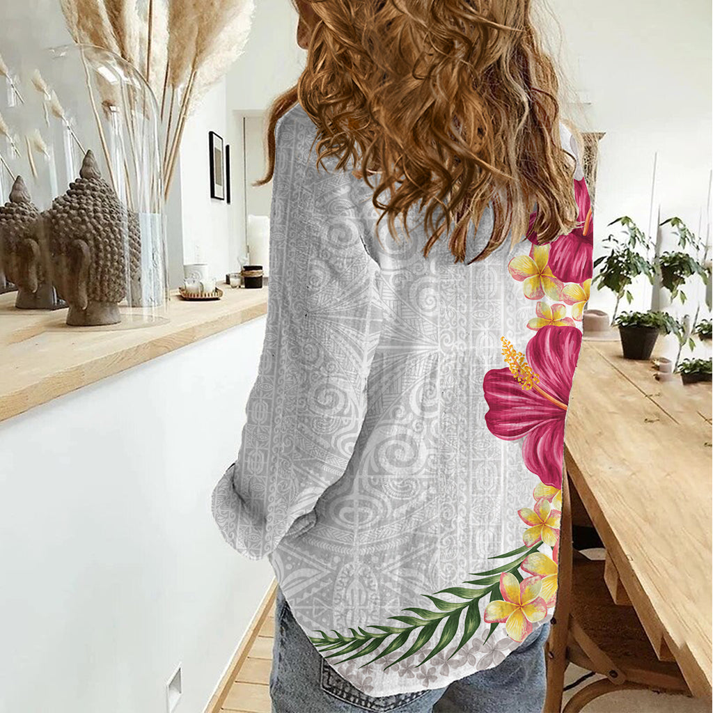 Hawaiian Plumeria and Hibiscus Women Casual Shirt White Mode