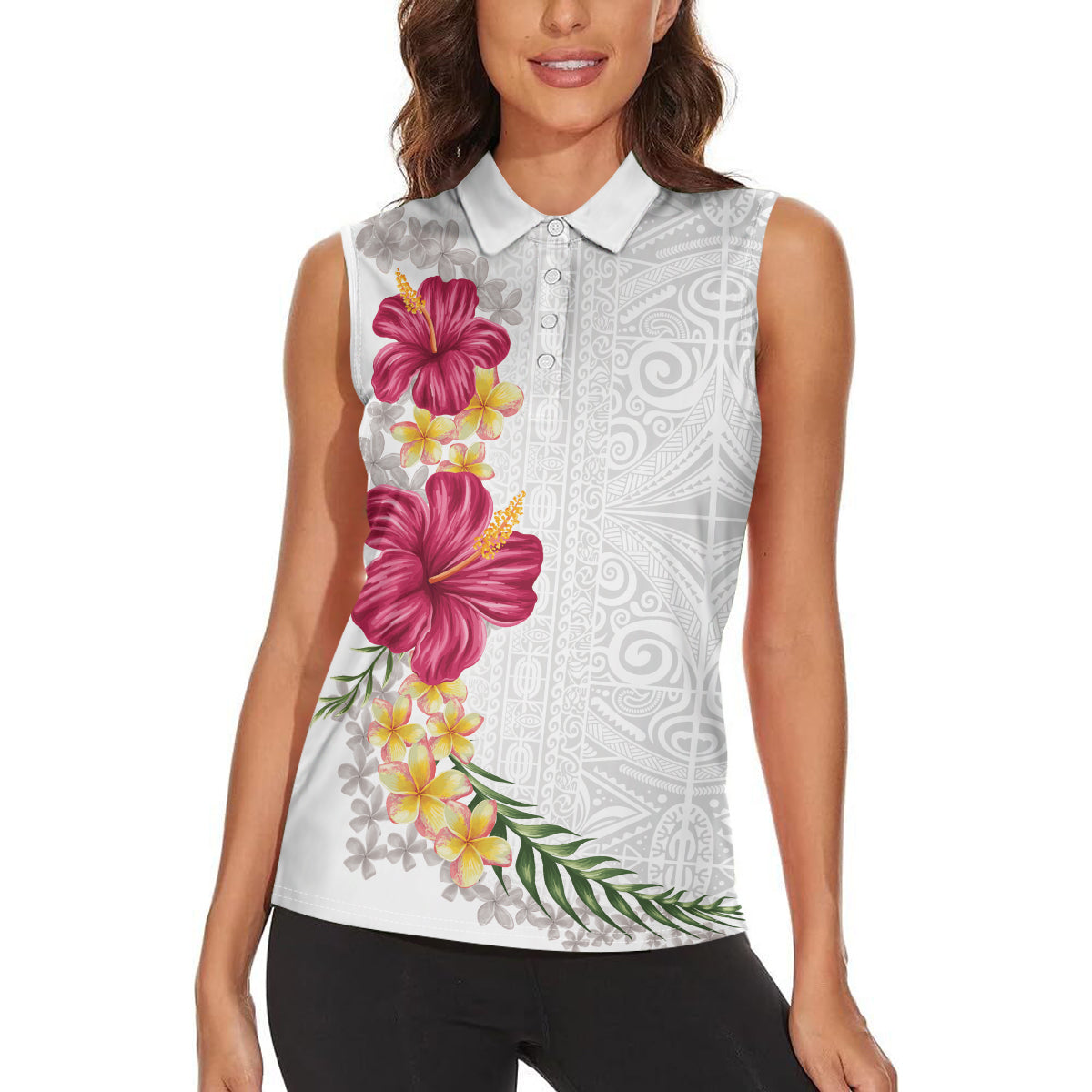 Hawaiian Plumeria and Hibiscus Women Sleeveless Polo Shirt White Mode