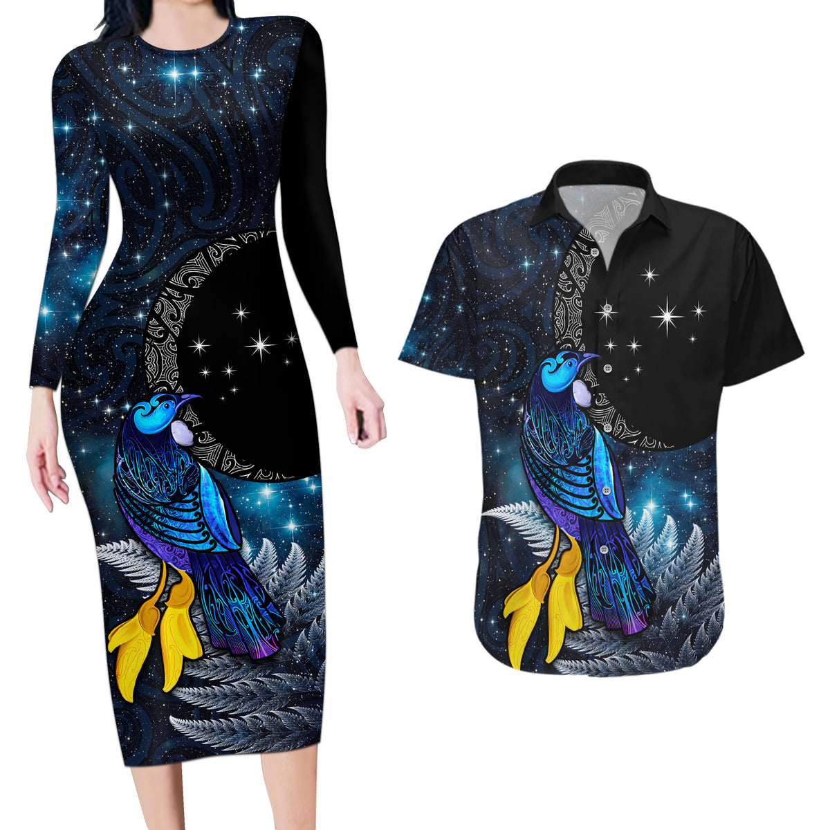 New Zealand Tui Bird Matariki Couples Matching Long Sleeve Bodycon Dress and Hawaiian Shirt Galaxy Fern With Maori Pattern LT03 Blue - Polynesian Pride