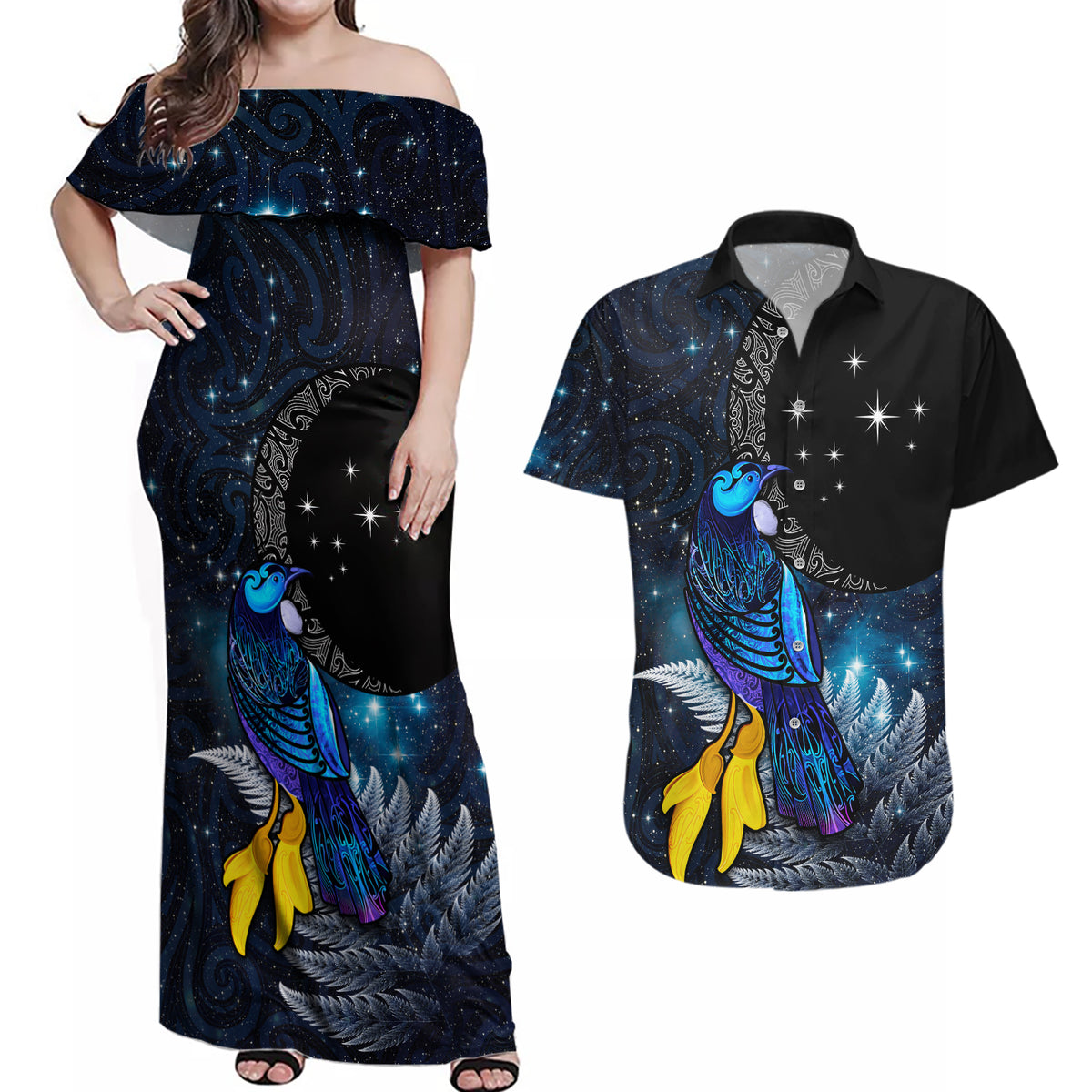 New Zealand Tui Bird Matariki Couples Matching Off Shoulder Maxi Dress and Hawaiian Shirt Galaxy Fern With Maori Pattern LT03 Blue - Polynesian Pride