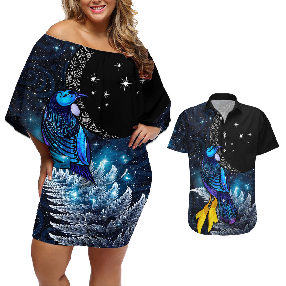 New Zealand Tui Bird Matariki Couples Matching Off Shoulder Short Dress and Hawaiian Shirt Galaxy Fern With Maori Pattern LT03 Blue - Polynesian Pride