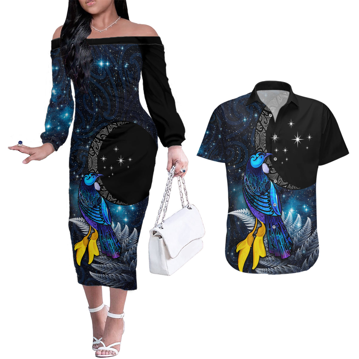New Zealand Tui Bird Matariki Couples Matching Off The Shoulder Long Sleeve Dress and Hawaiian Shirt Galaxy Fern With Maori Pattern LT03 Blue - Polynesian Pride