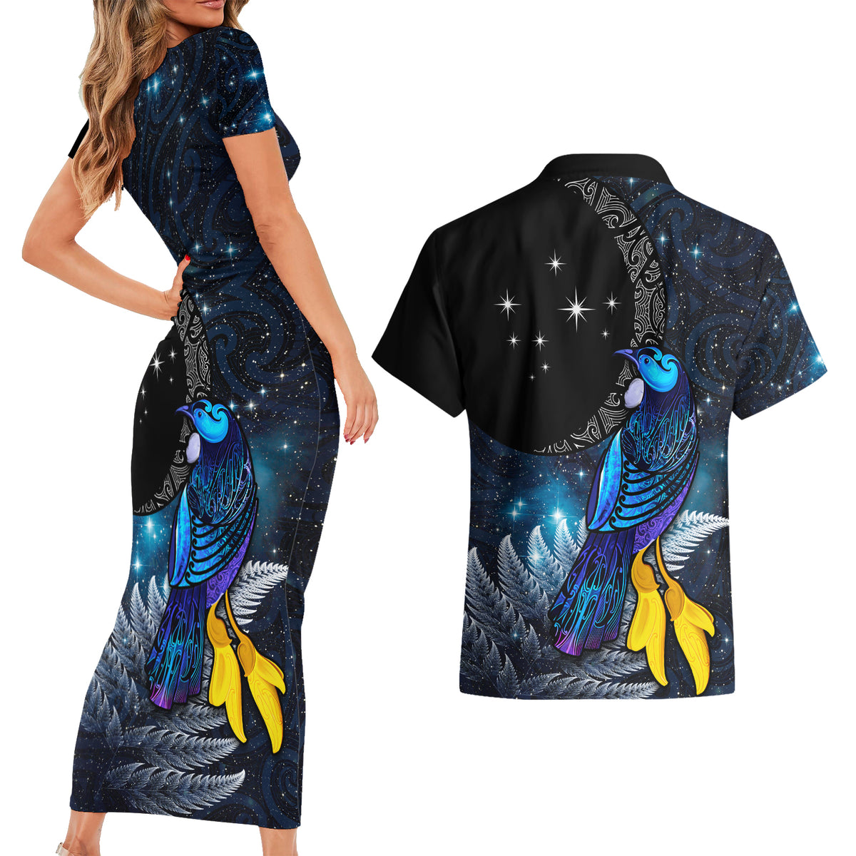 New Zealand Tui Bird Matariki Couples Matching Short Sleeve Bodycon Dress and Hawaiian Shirt Galaxy Fern With Maori Pattern LT03 - Polynesian Pride