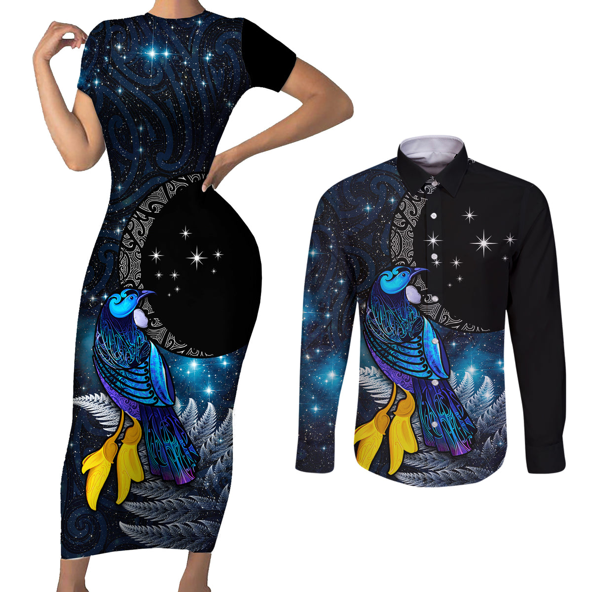 New Zealand Tui Bird Matariki Couples Matching Short Sleeve Bodycon Dress and Long Sleeve Button Shirt Galaxy Fern With Maori Pattern LT03 Blue - Polynesian Pride