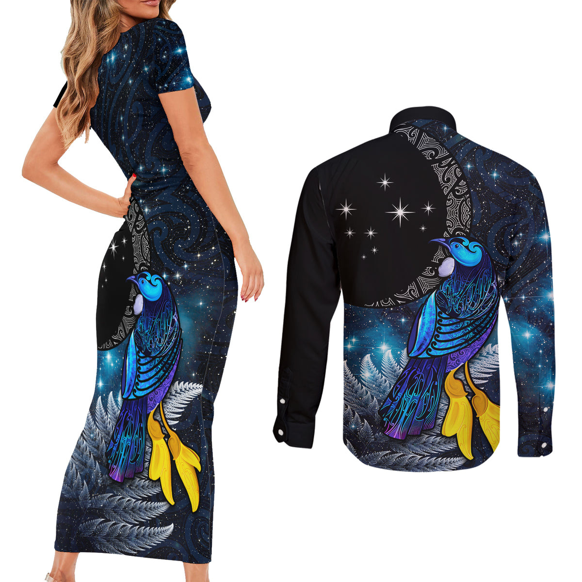 New Zealand Tui Bird Matariki Couples Matching Short Sleeve Bodycon Dress and Long Sleeve Button Shirt Galaxy Fern With Maori Pattern LT03 - Polynesian Pride