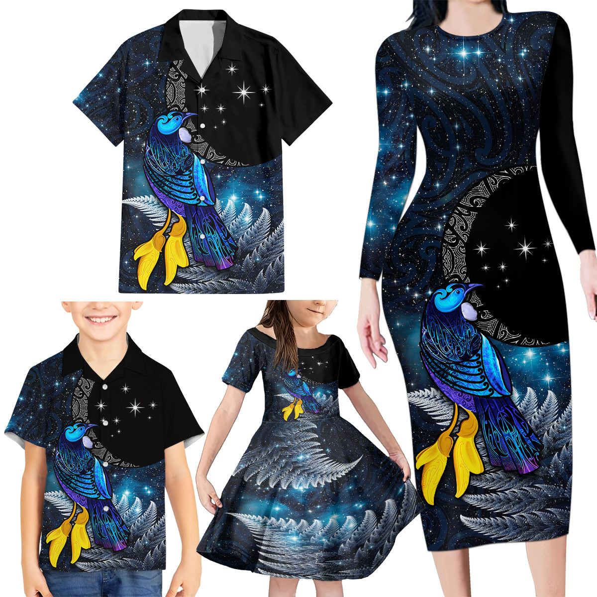 New Zealand Tui Bird Matariki Family Matching Long Sleeve Bodycon Dress and Hawaiian Shirt Galaxy Fern With Maori Pattern LT03 - Polynesian Pride