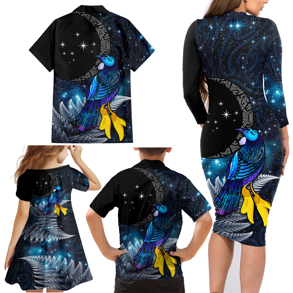 New Zealand Tui Bird Matariki Family Matching Long Sleeve Bodycon Dress and Hawaiian Shirt Galaxy Fern With Maori Pattern LT03 - Polynesian Pride