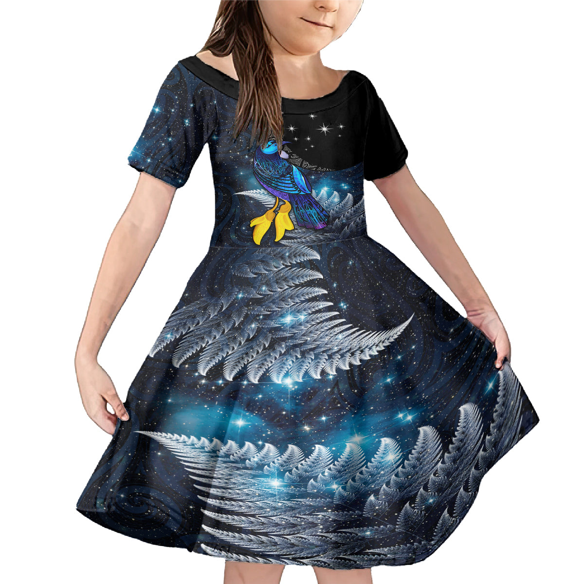 New Zealand Tui Bird Matariki Family Matching Mermaid Dress and Hawaiian Shirt Galaxy Fern With Maori Pattern LT03 Daughter's Dress Blue - Polynesian Pride