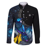 New Zealand Tui Bird Matariki Family Matching Mermaid Dress and Hawaiian Shirt Galaxy Fern With Maori Pattern LT03 Dad's Shirt - Long Sleeve Blue - Polynesian Pride