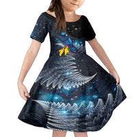 New Zealand Tui Bird Matariki Family Matching Off The Shoulder Long Sleeve Dress and Hawaiian Shirt Galaxy Fern With Maori Pattern LT03 Daughter's Dress Blue - Polynesian Pride