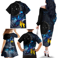 New Zealand Tui Bird Matariki Family Matching Off The Shoulder Long Sleeve Dress and Hawaiian Shirt Galaxy Fern With Maori Pattern LT03 - Polynesian Pride