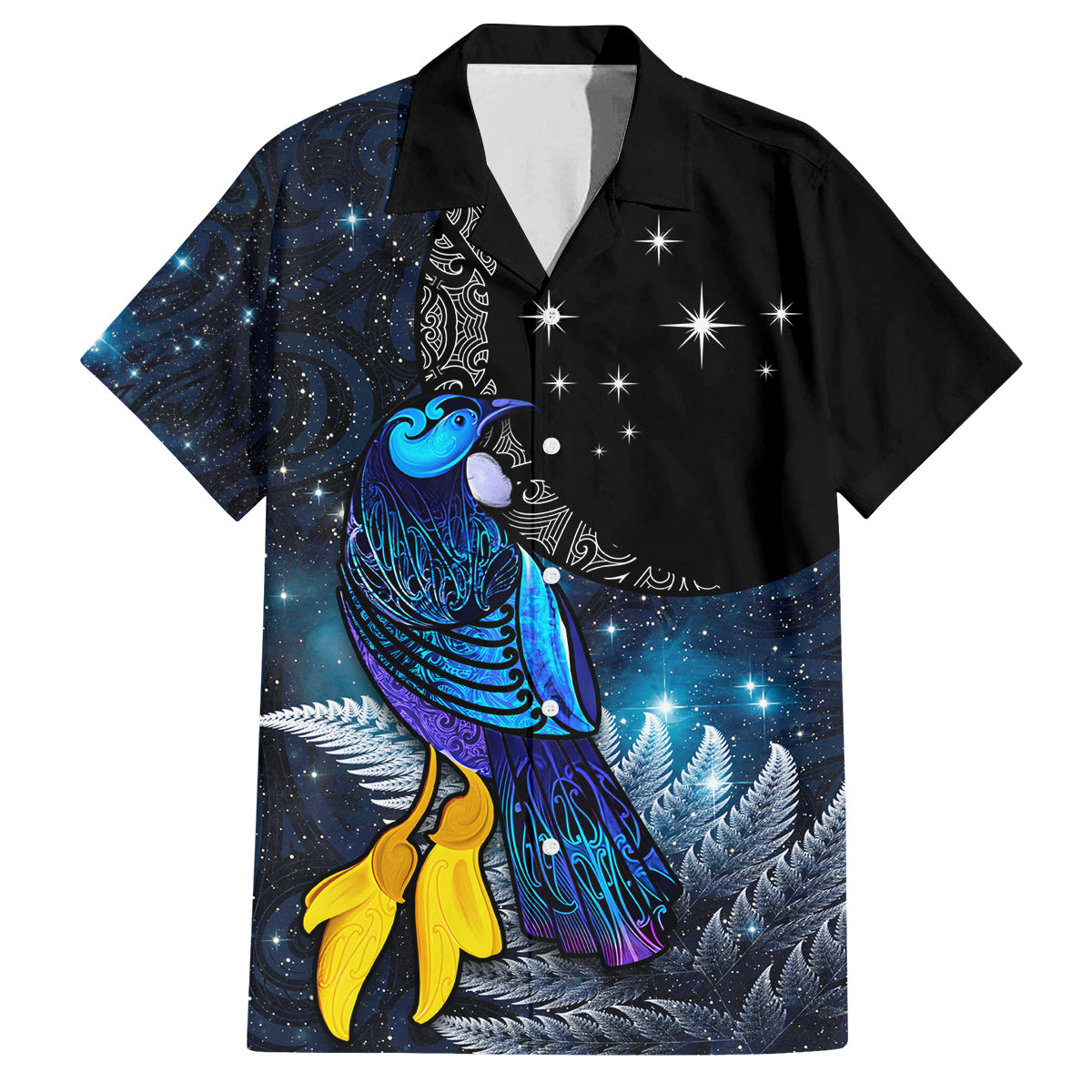 New Zealand Tui Bird Matariki Family Matching Off Shoulder Maxi Dress and Hawaiian Shirt Galaxy Fern With Maori Pattern LT03 Dad's Shirt - Short Sleeve Blue - Polynesian Pride