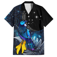 New Zealand Tui Bird Matariki Family Matching Off Shoulder Maxi Dress and Hawaiian Shirt Galaxy Fern With Maori Pattern LT03 Dad's Shirt - Short Sleeve Blue - Polynesian Pride