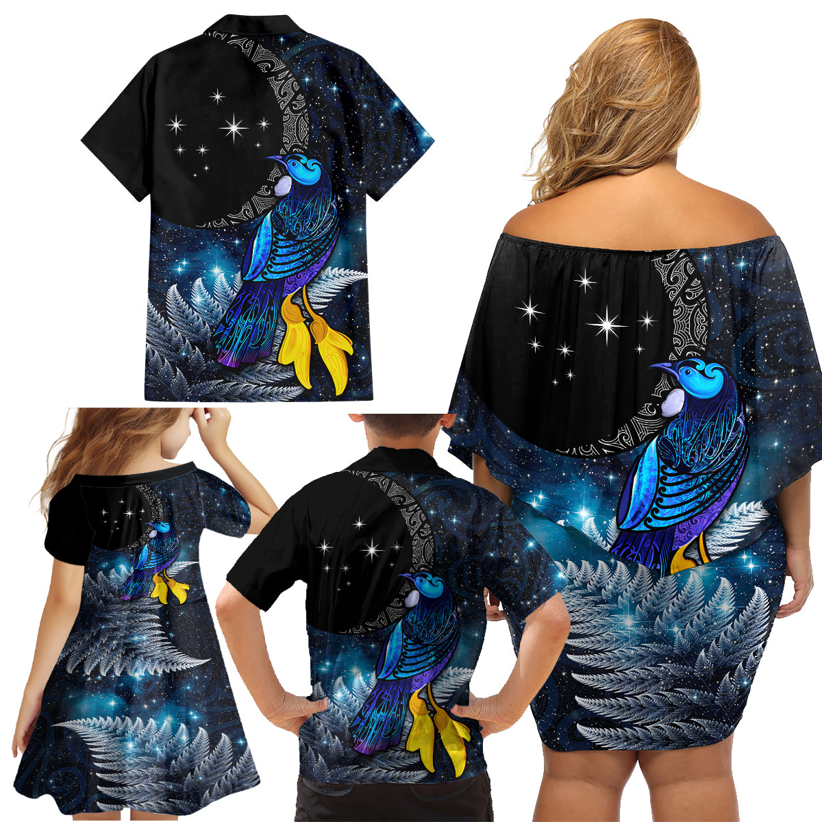 New Zealand Tui Bird Matariki Family Matching Off Shoulder Short Dress and Hawaiian Shirt Galaxy Fern With Maori Pattern LT03 - Polynesian Pride