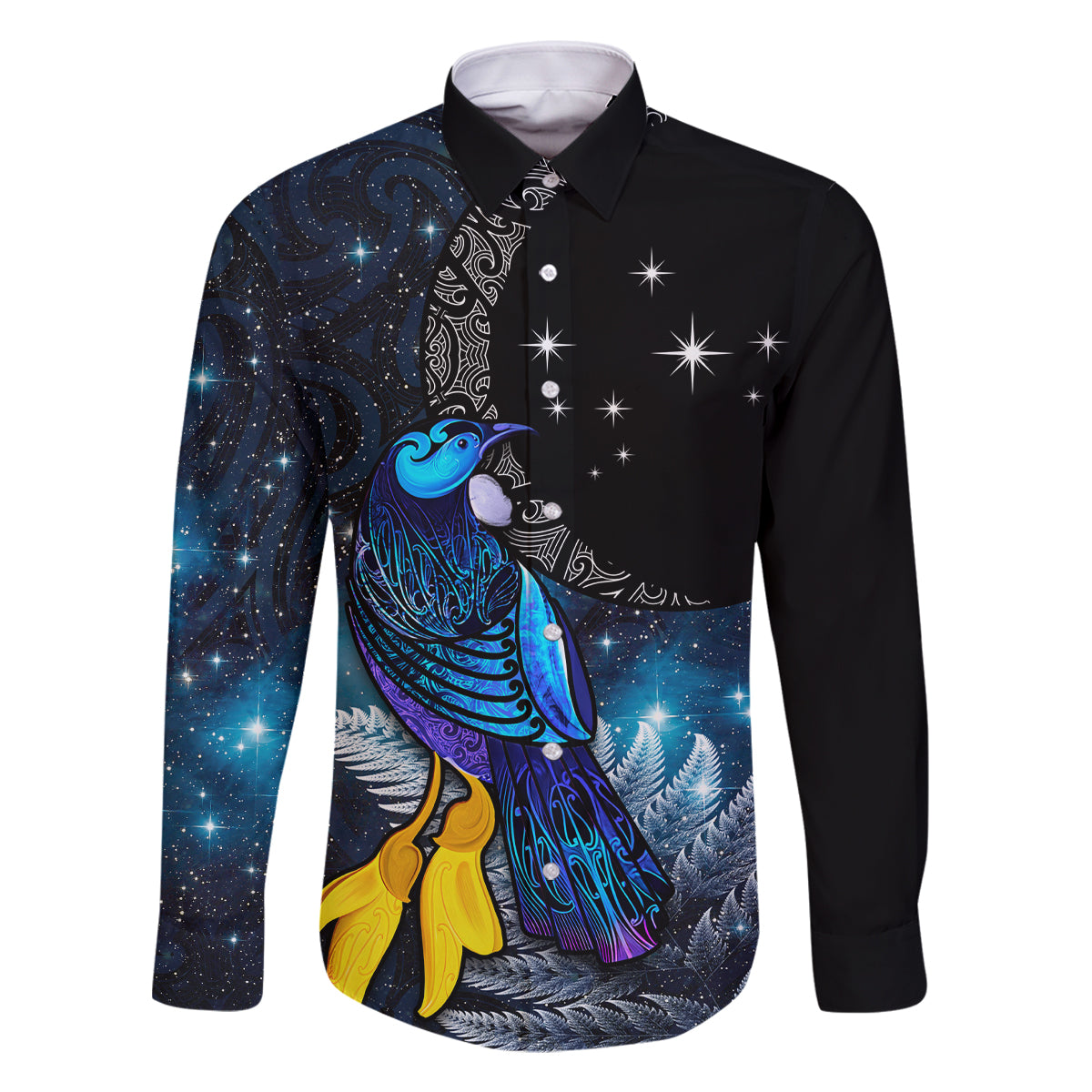 New Zealand Tui Bird Matariki Family Matching Off Shoulder Short Dress and Hawaiian Shirt Galaxy Fern With Maori Pattern LT03 Dad's Shirt - Long Sleeve Blue - Polynesian Pride