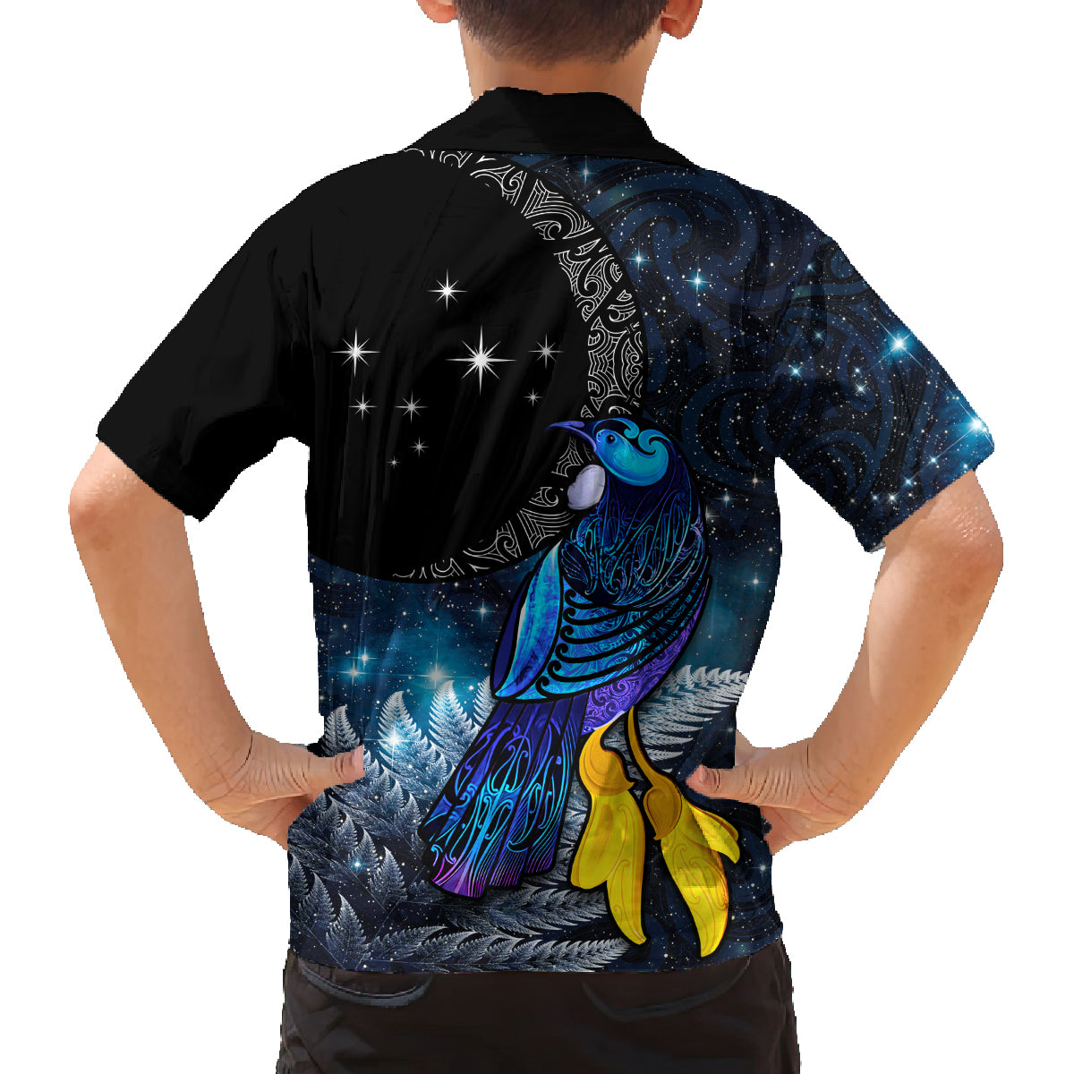 New Zealand Tui Bird Matariki Family Matching Puletasi and Hawaiian Shirt Galaxy Fern With Maori Pattern LT03 - Polynesian Pride