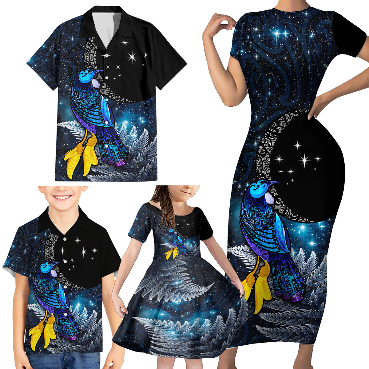 New Zealand Tui Bird Matariki Family Matching Short Sleeve Bodycon Dress and Hawaiian Shirt Galaxy Fern With Maori Pattern LT03 - Polynesian Pride