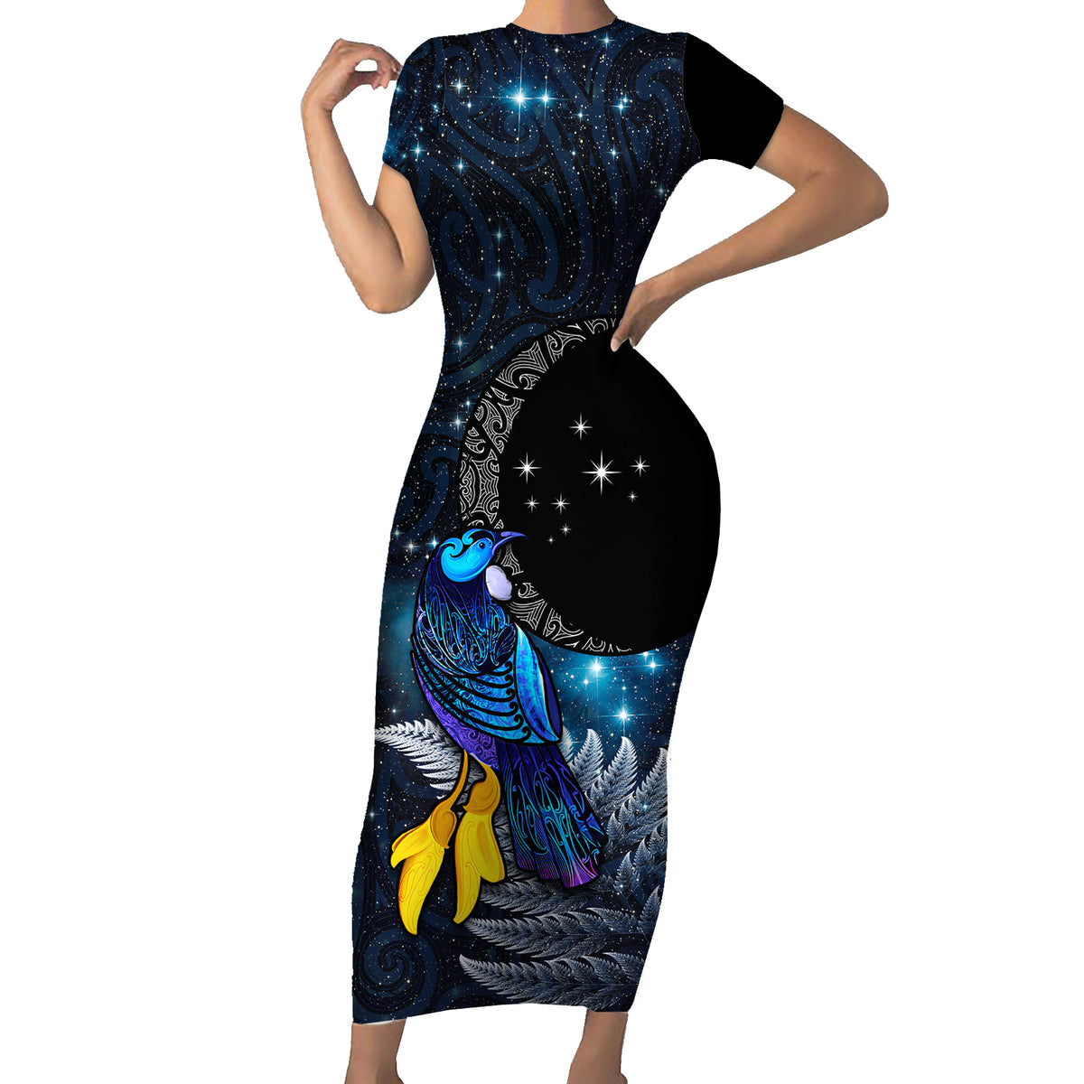 New Zealand Tui Bird Matariki Family Matching Short Sleeve Bodycon Dress and Hawaiian Shirt Galaxy Fern With Maori Pattern LT03 Mom's Dress Blue - Polynesian Pride