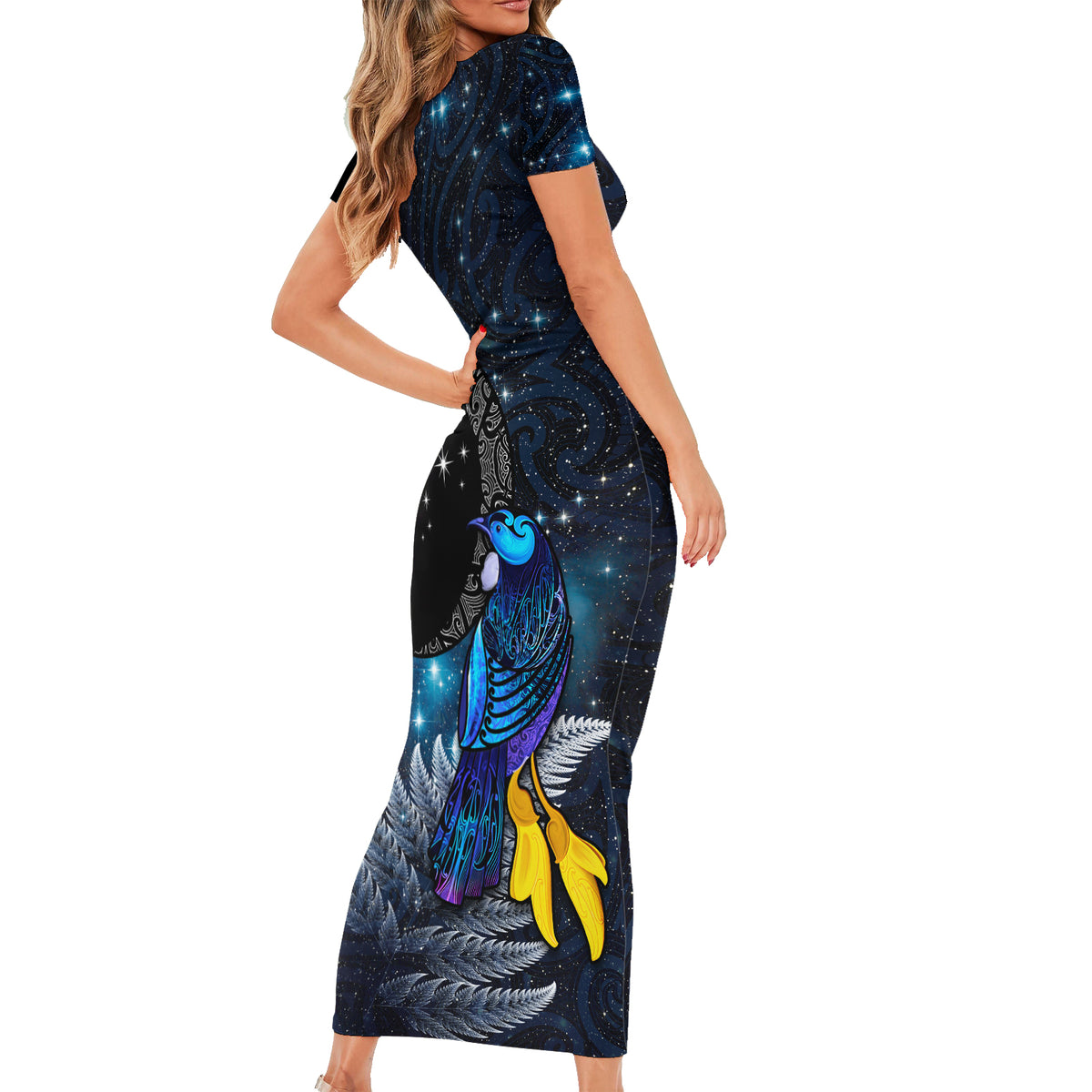 New Zealand Tui Bird Matariki Family Matching Short Sleeve Bodycon Dress and Hawaiian Shirt Galaxy Fern With Maori Pattern LT03 - Polynesian Pride