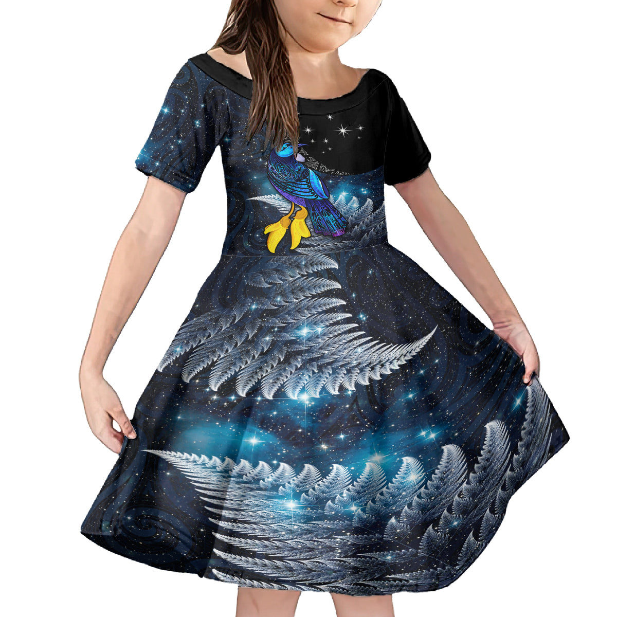 New Zealand Tui Bird Matariki Family Matching Summer Maxi Dress and Hawaiian Shirt Galaxy Fern With Maori Pattern LT03 Daughter's Dress Blue - Polynesian Pride