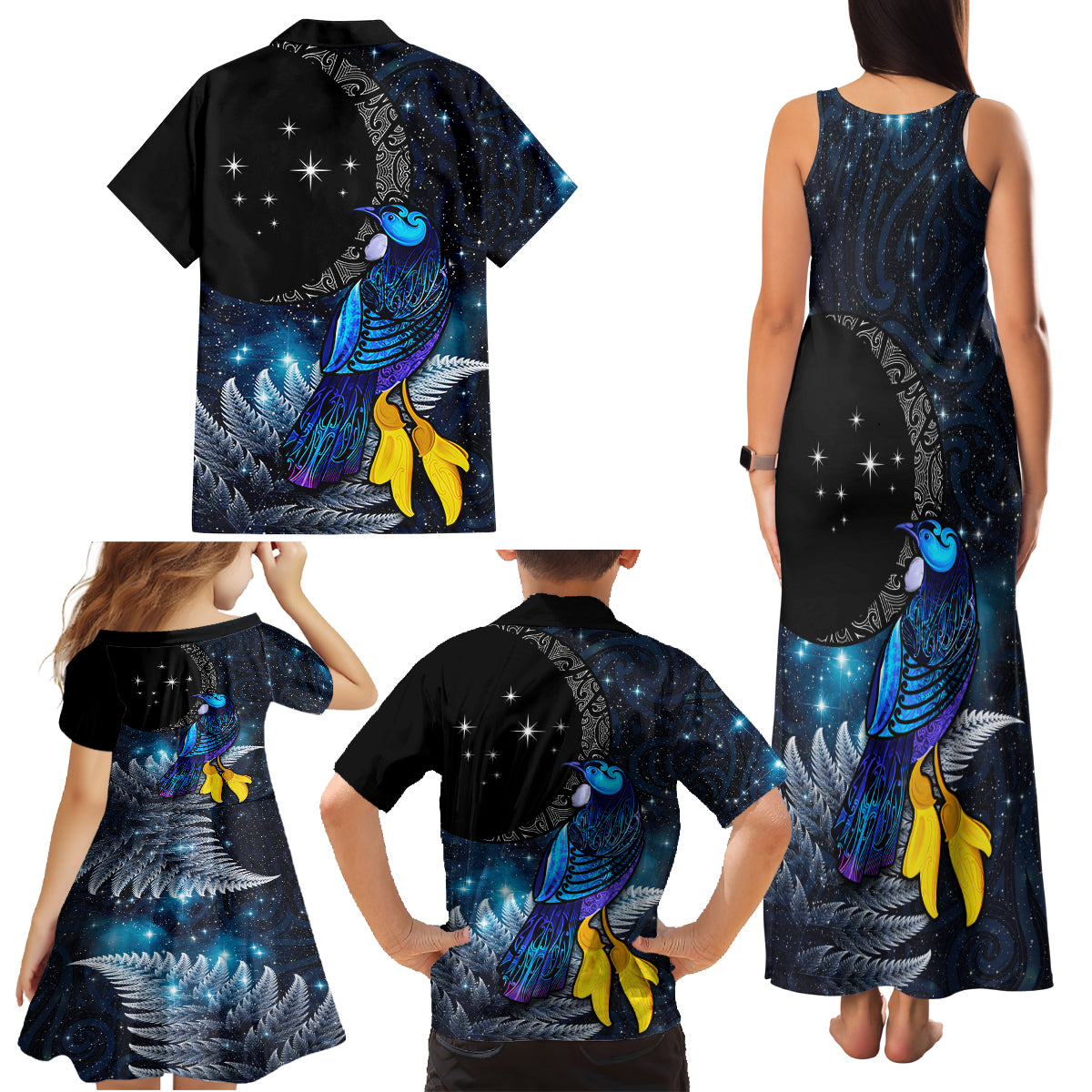 New Zealand Tui Bird Matariki Family Matching Tank Maxi Dress and Hawaiian Shirt Galaxy Fern With Maori Pattern LT03 - Polynesian Pride