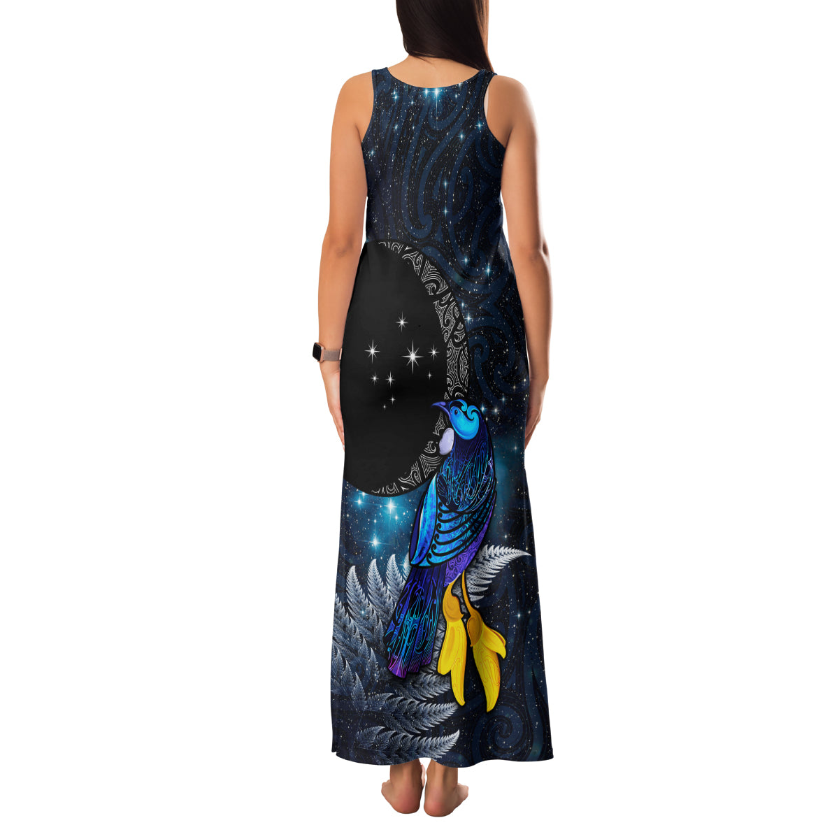 New Zealand Tui Bird Matariki Family Matching Tank Maxi Dress and Hawaiian Shirt Galaxy Fern With Maori Pattern LT03 - Polynesian Pride