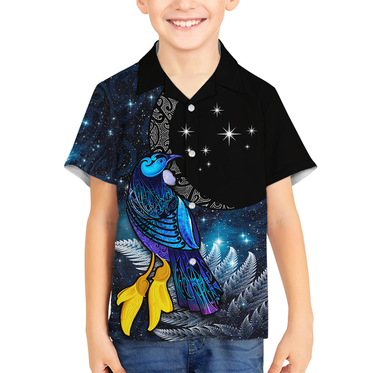 New Zealand Tui Bird Matariki Family Matching Tank Maxi Dress and Hawaiian Shirt Galaxy Fern With Maori Pattern LT03 Son's Shirt Blue - Polynesian Pride