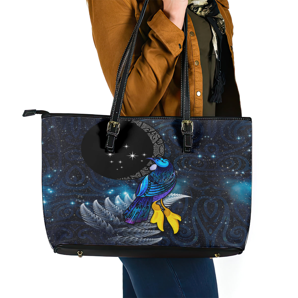 New Zealand Tui Bird Matariki Leather Tote Bag Galaxy Fern With Maori Pattern