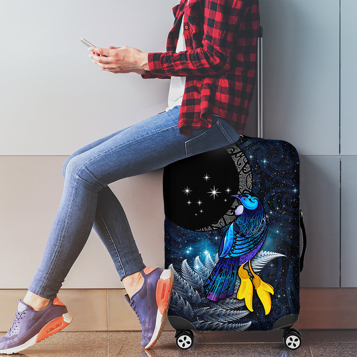 New Zealand Tui Bird Matariki Luggage Cover Galaxy Fern With Maori Pattern