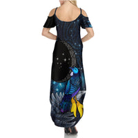 New Zealand Tui Bird Matariki Summer Maxi Dress Galaxy Fern With Maori Pattern