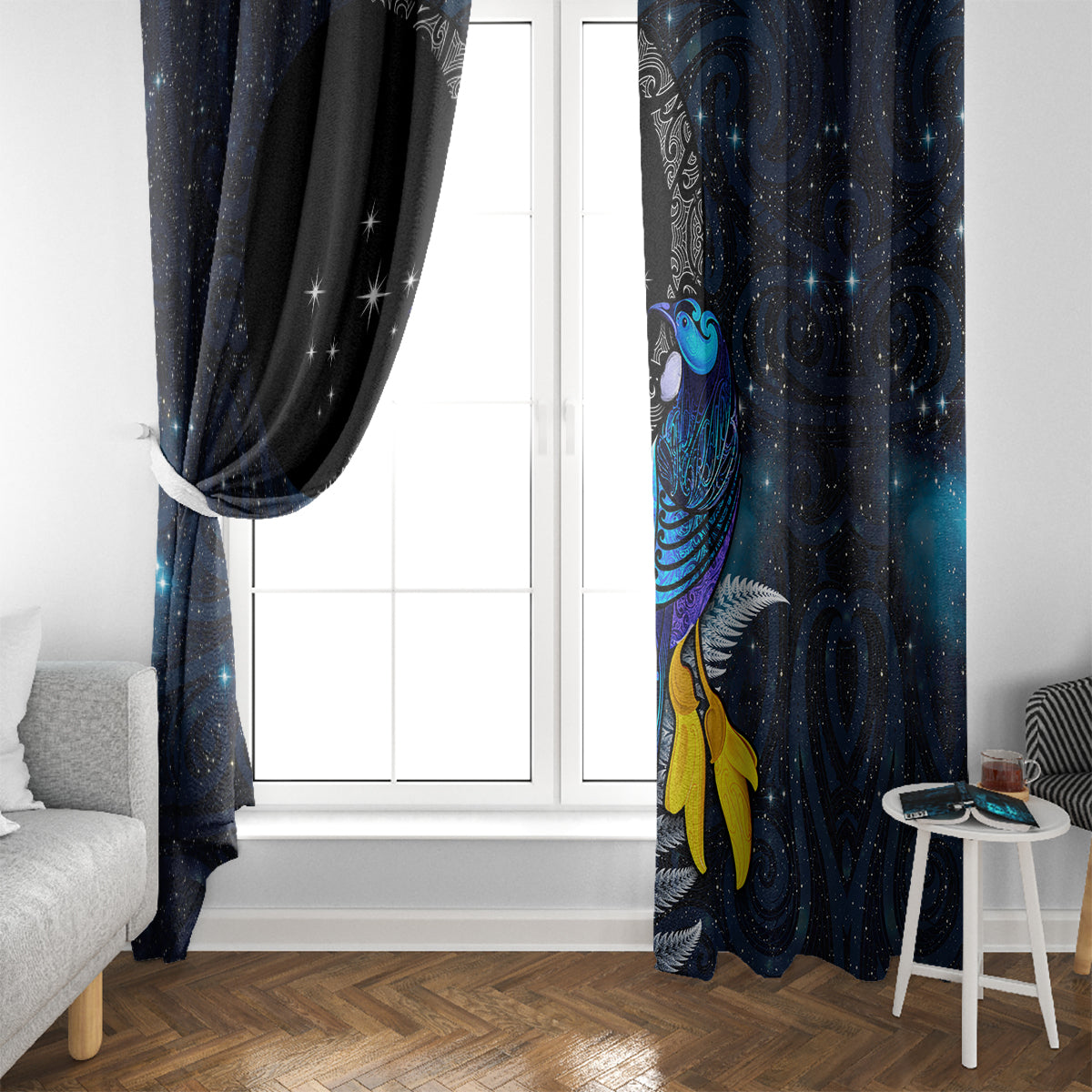 New Zealand Tui Bird Matariki Window Curtain Galaxy Fern With Maori Pattern