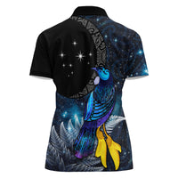 New Zealand Tui Bird Matariki Women Polo Shirt Galaxy Fern With Maori Pattern
