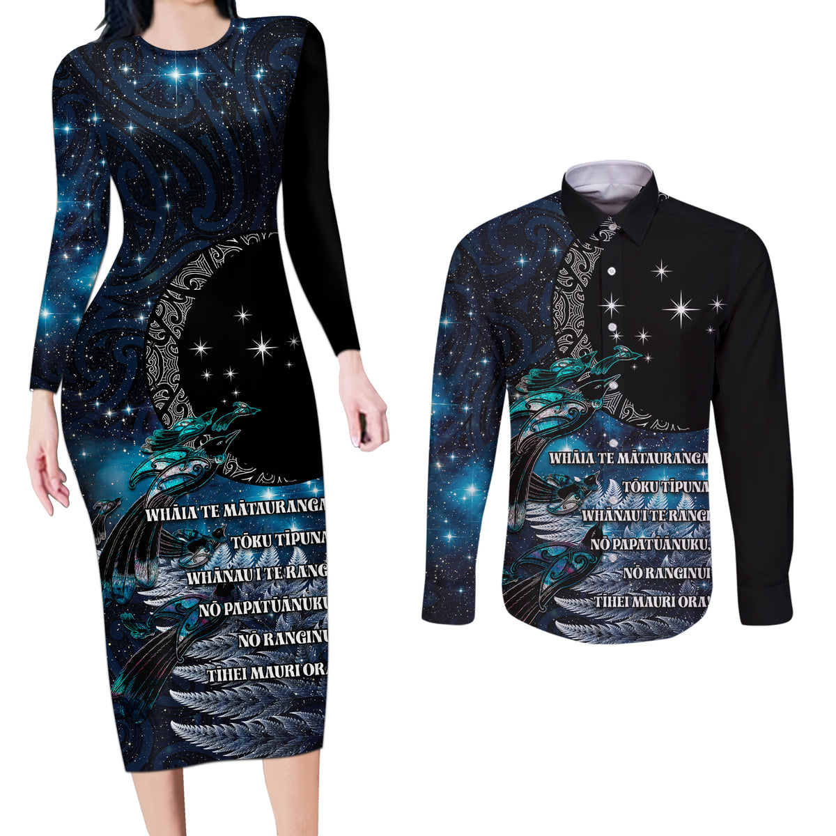 New Zealand Tui Bird Couples Matching Long Sleeve Bodycon Dress and Long Sleeve Button Shirt Matariki Poetry Pattern Galaxy Style