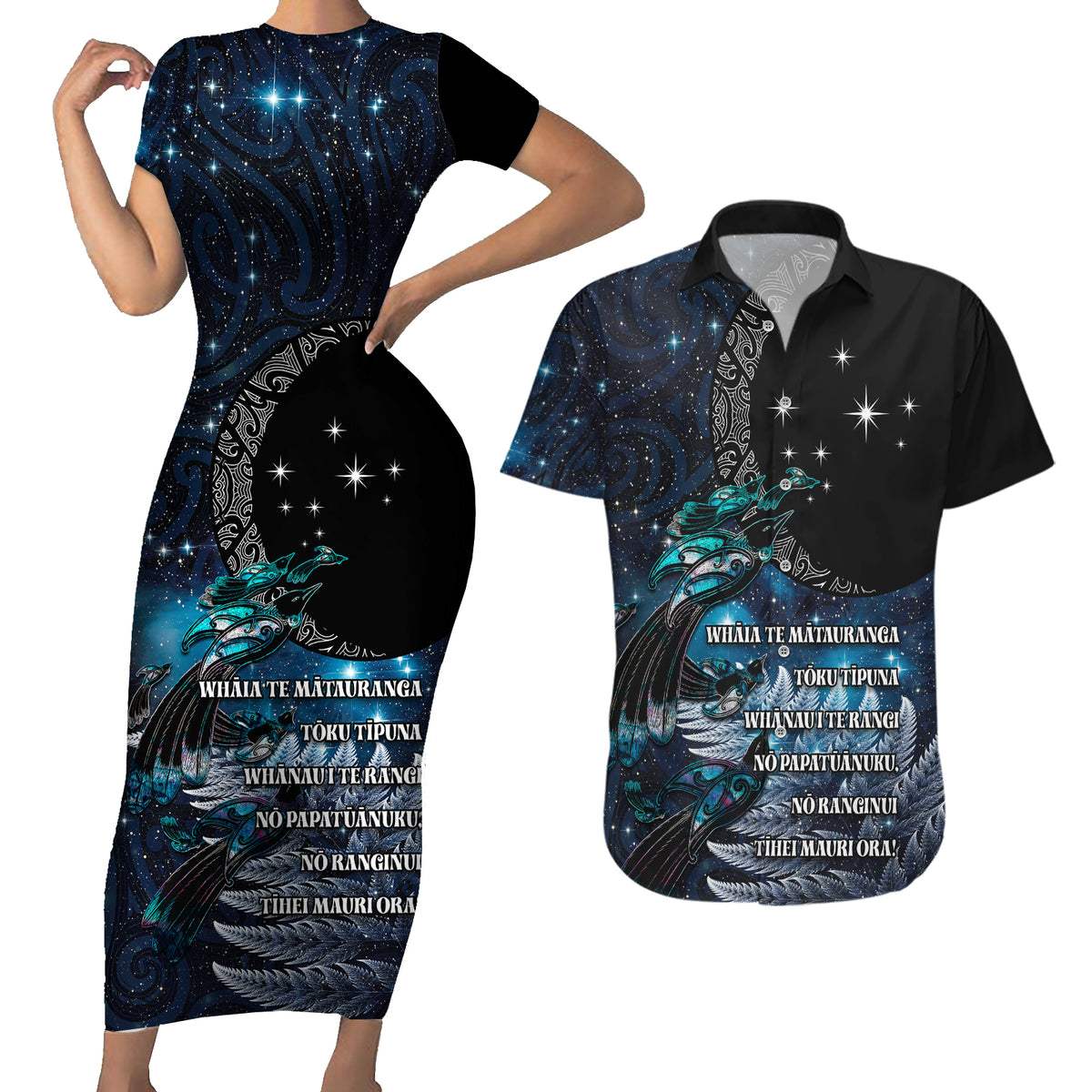 New Zealand Tui Bird Couples Matching Short Sleeve Bodycon Dress and Hawaiian Shirt Matariki Poetry Pattern Galaxy Style LT03 Blue - Polynesian Pride