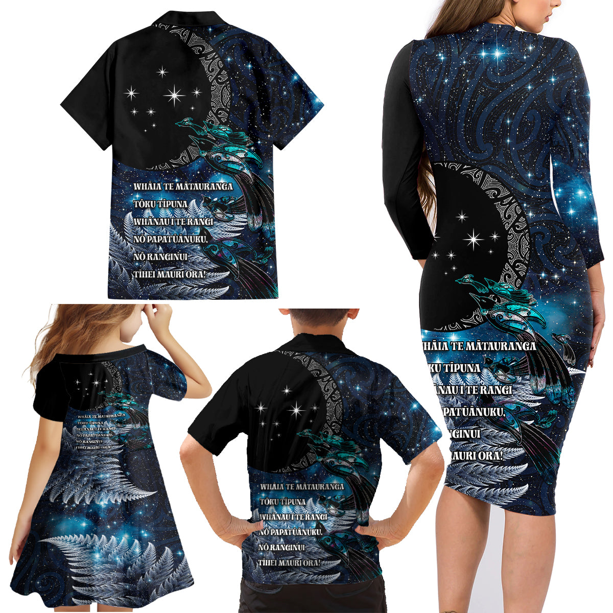 New Zealand Tui Bird Family Matching Long Sleeve Bodycon Dress and Hawaiian Shirt Matariki Poetry Pattern Galaxy Style LT03 - Polynesian Pride