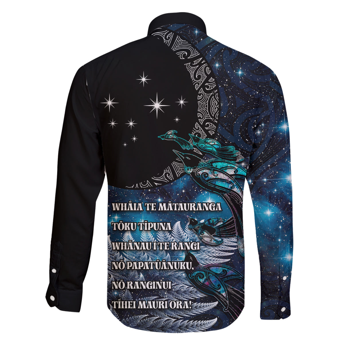 New Zealand Tui Bird Family Matching Long Sleeve Bodycon Dress and Hawaiian Shirt Matariki Poetry Pattern Galaxy Style LT03 - Polynesian Pride