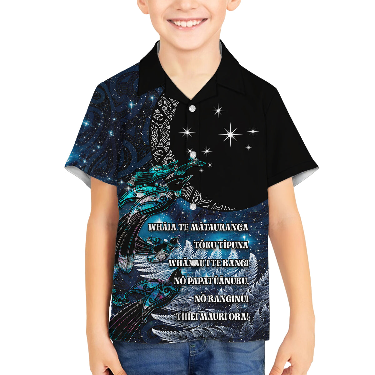 New Zealand Tui Bird Family Matching Long Sleeve Bodycon Dress and Hawaiian Shirt Matariki Poetry Pattern Galaxy Style LT03 Son's Shirt Blue - Polynesian Pride