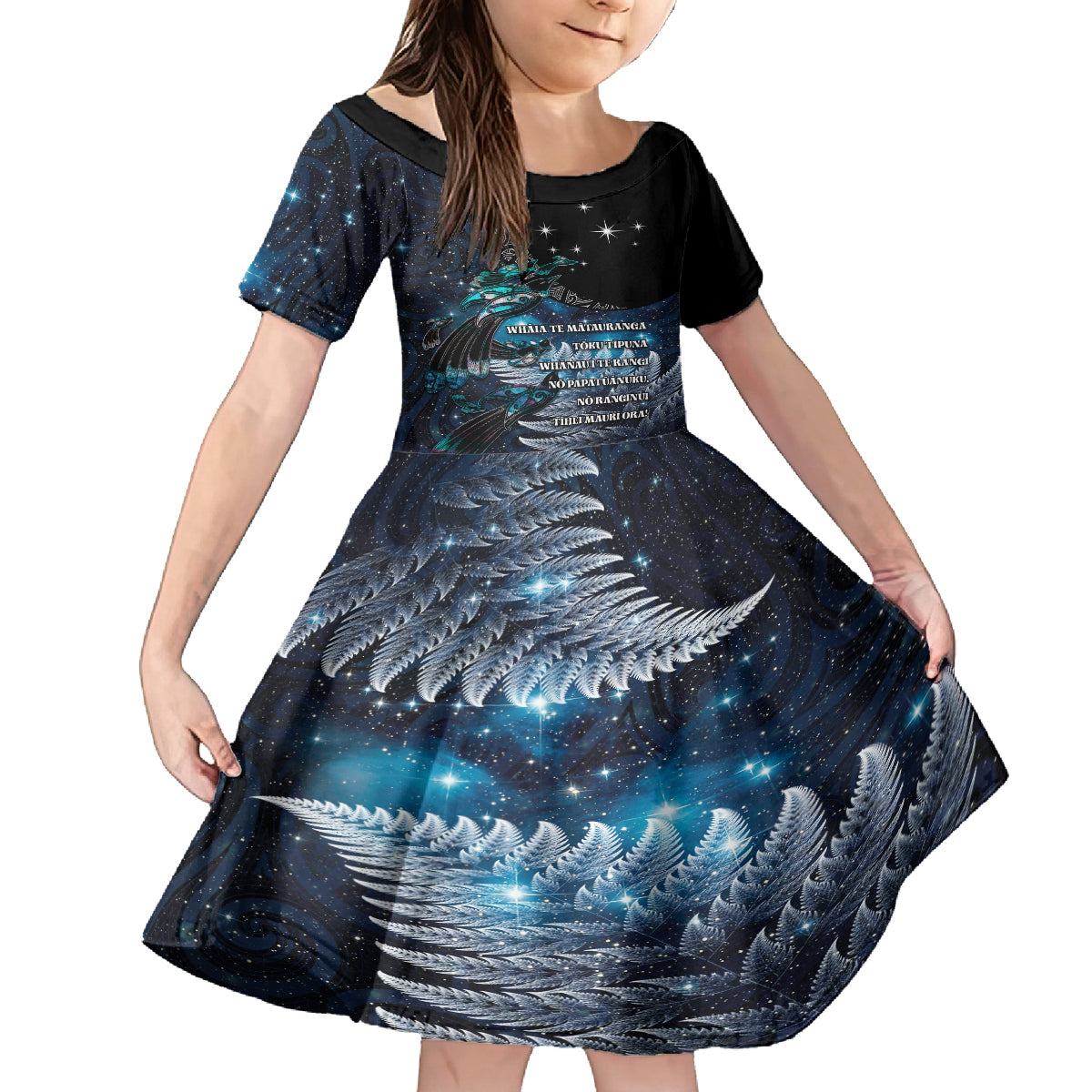 New Zealand Tui Bird Family Matching Off The Shoulder Long Sleeve Dress and Hawaiian Shirt Matariki Poetry Pattern Galaxy Style LT03 Daughter's Dress Blue - Polynesian Pride