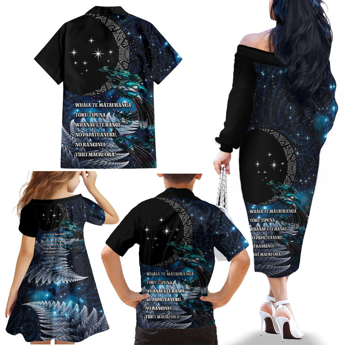 New Zealand Tui Bird Family Matching Off The Shoulder Long Sleeve Dress and Hawaiian Shirt Matariki Poetry Pattern Galaxy Style LT03 - Polynesian Pride
