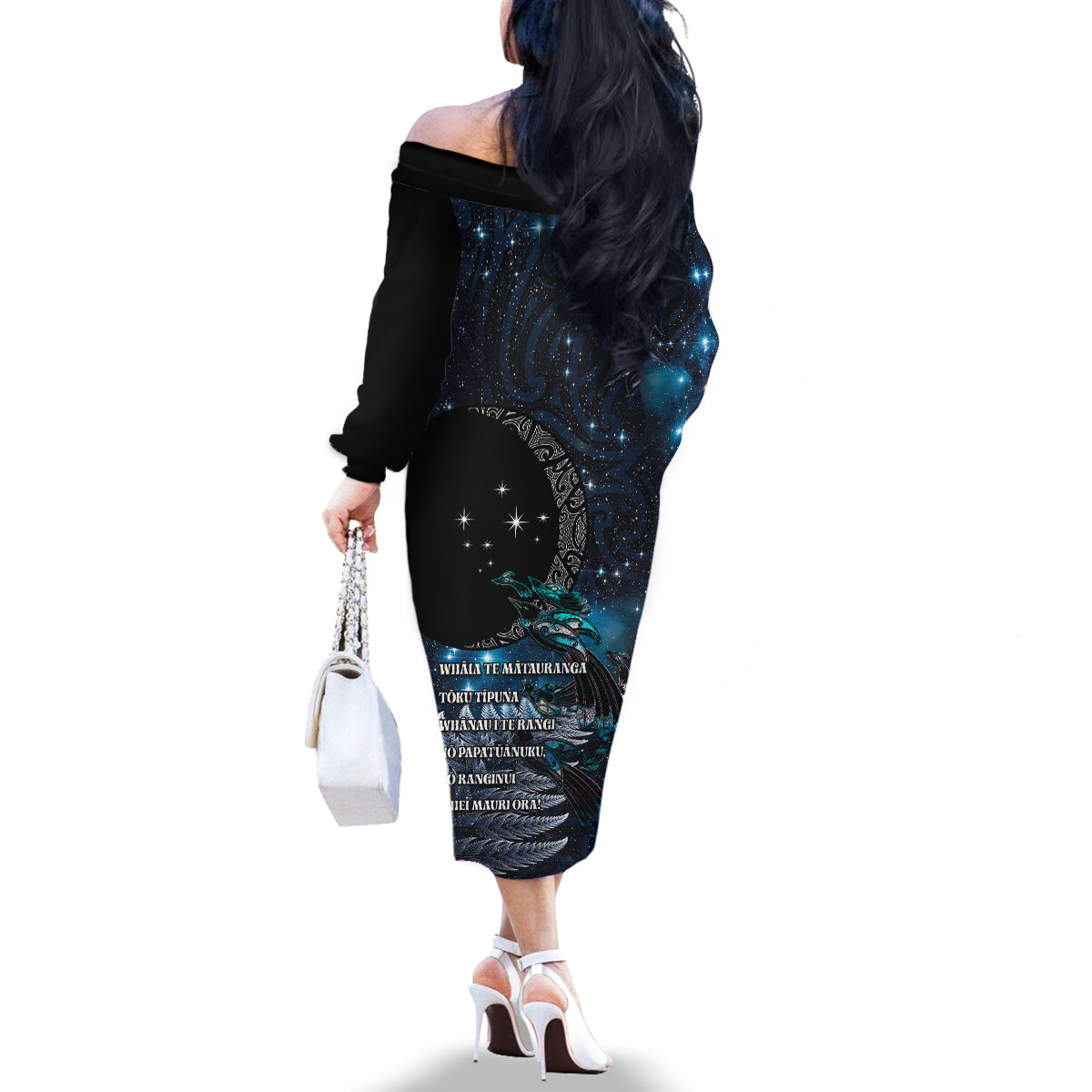 New Zealand Tui Bird Family Matching Off The Shoulder Long Sleeve Dress and Hawaiian Shirt Matariki Poetry Pattern Galaxy Style LT03 - Polynesian Pride