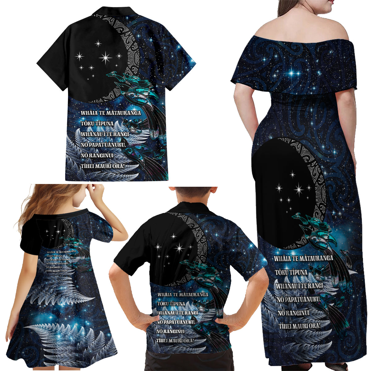 New Zealand Tui Bird Family Matching Off Shoulder Maxi Dress and Hawaiian Shirt Matariki Poetry Pattern Galaxy Style LT03 - Polynesian Pride