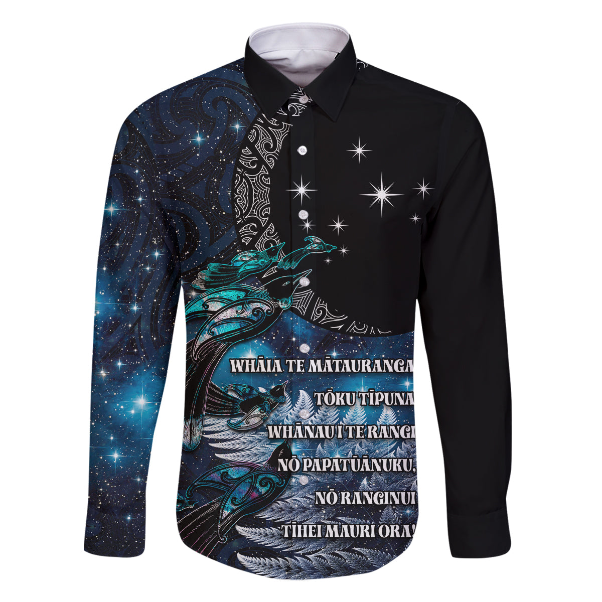 New Zealand Tui Bird Family Matching Off Shoulder Maxi Dress and Hawaiian Shirt Matariki Poetry Pattern Galaxy Style LT03 Dad's Shirt - Long Sleeve Blue - Polynesian Pride