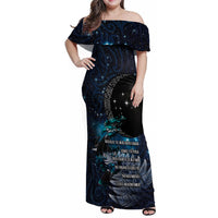 New Zealand Tui Bird Family Matching Off Shoulder Maxi Dress and Hawaiian Shirt Matariki Poetry Pattern Galaxy Style LT03 Mom's Dress Blue - Polynesian Pride
