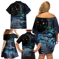 New Zealand Tui Bird Family Matching Off Shoulder Short Dress and Hawaiian Shirt Matariki Poetry Pattern Galaxy Style LT03 - Polynesian Pride