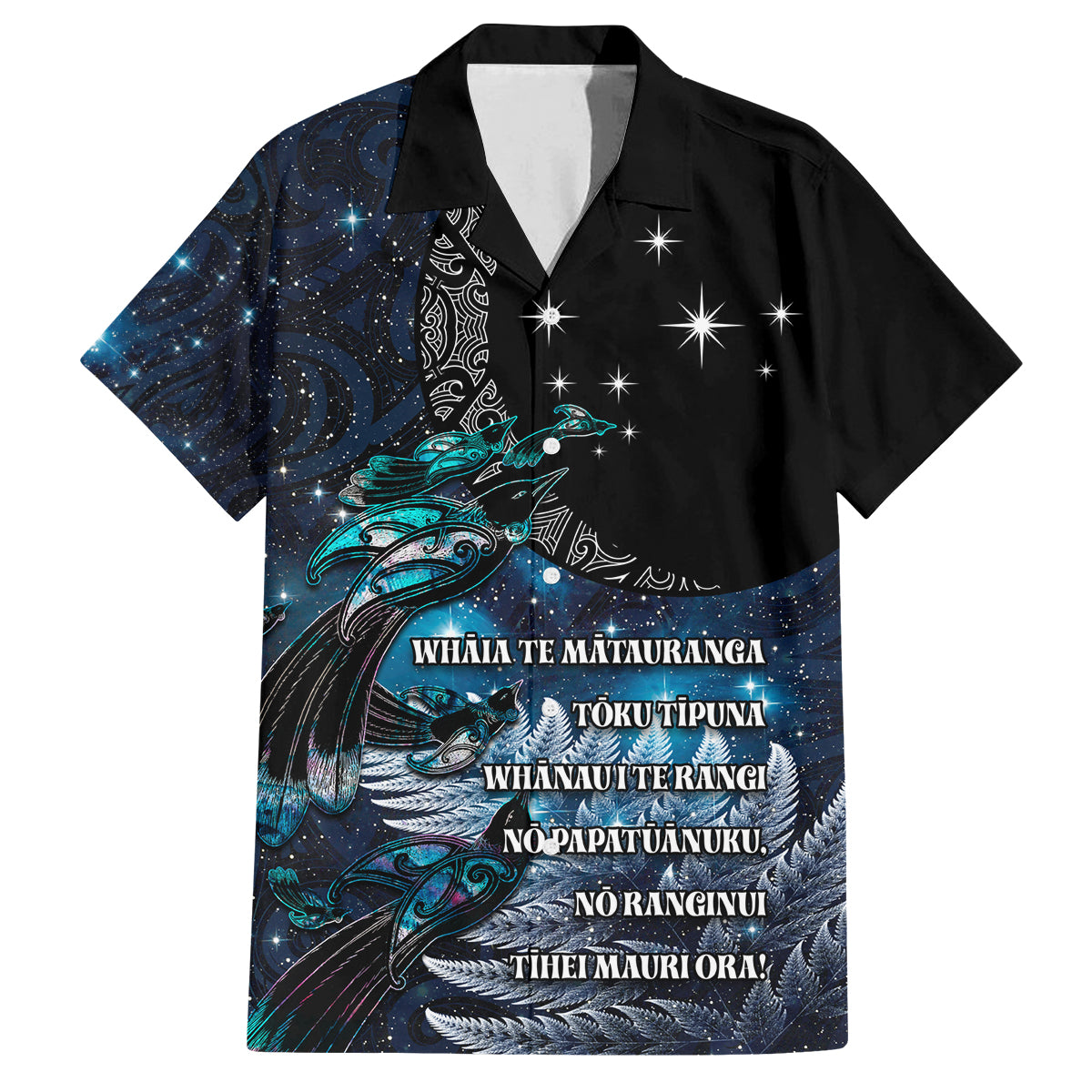 New Zealand Tui Bird Family Matching Off Shoulder Short Dress and Hawaiian Shirt Matariki Poetry Pattern Galaxy Style LT03 Dad's Shirt - Short Sleeve Blue - Polynesian Pride