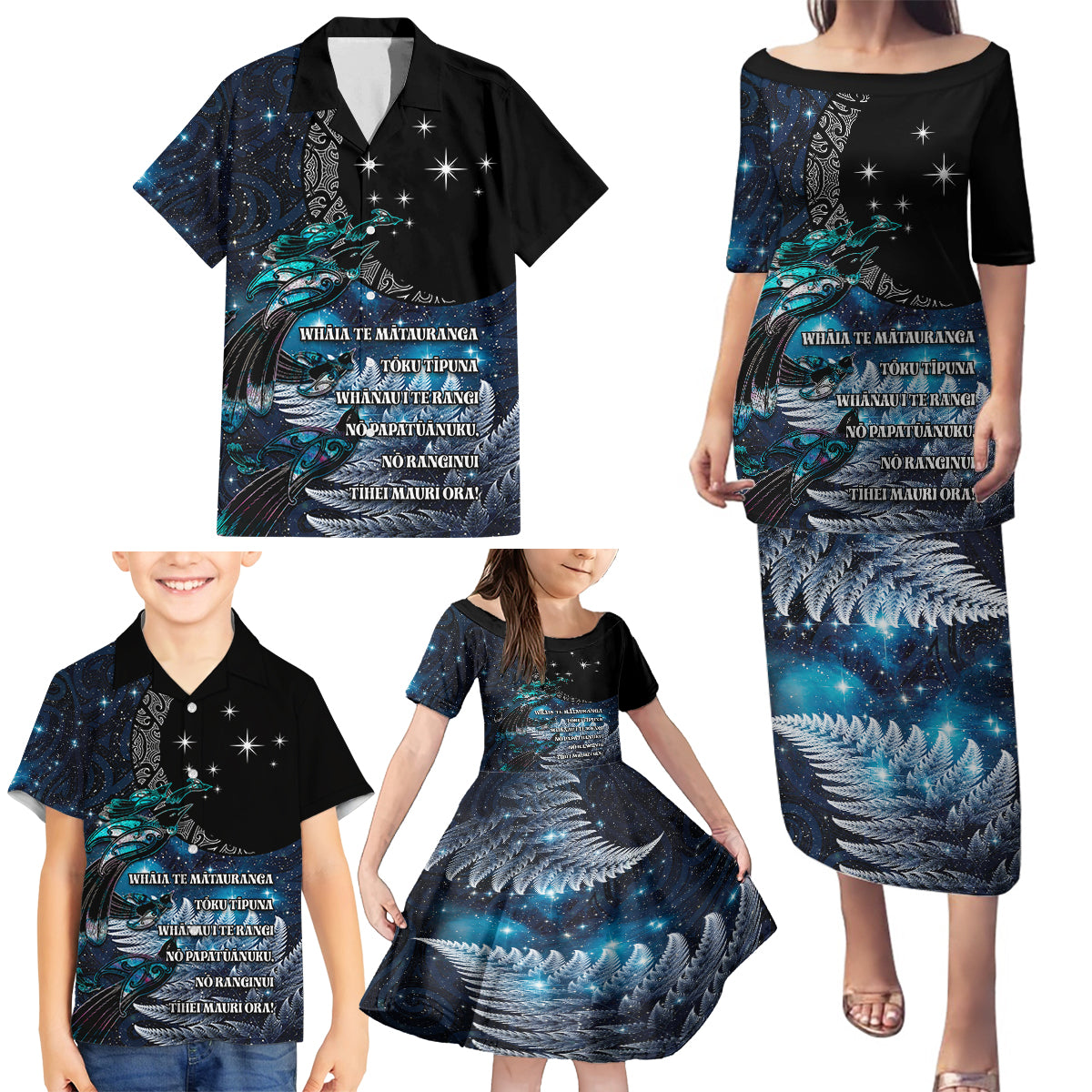 New Zealand Tui Bird Family Matching Puletasi and Hawaiian Shirt Matariki Poetry Pattern Galaxy Style LT03 - Polynesian Pride