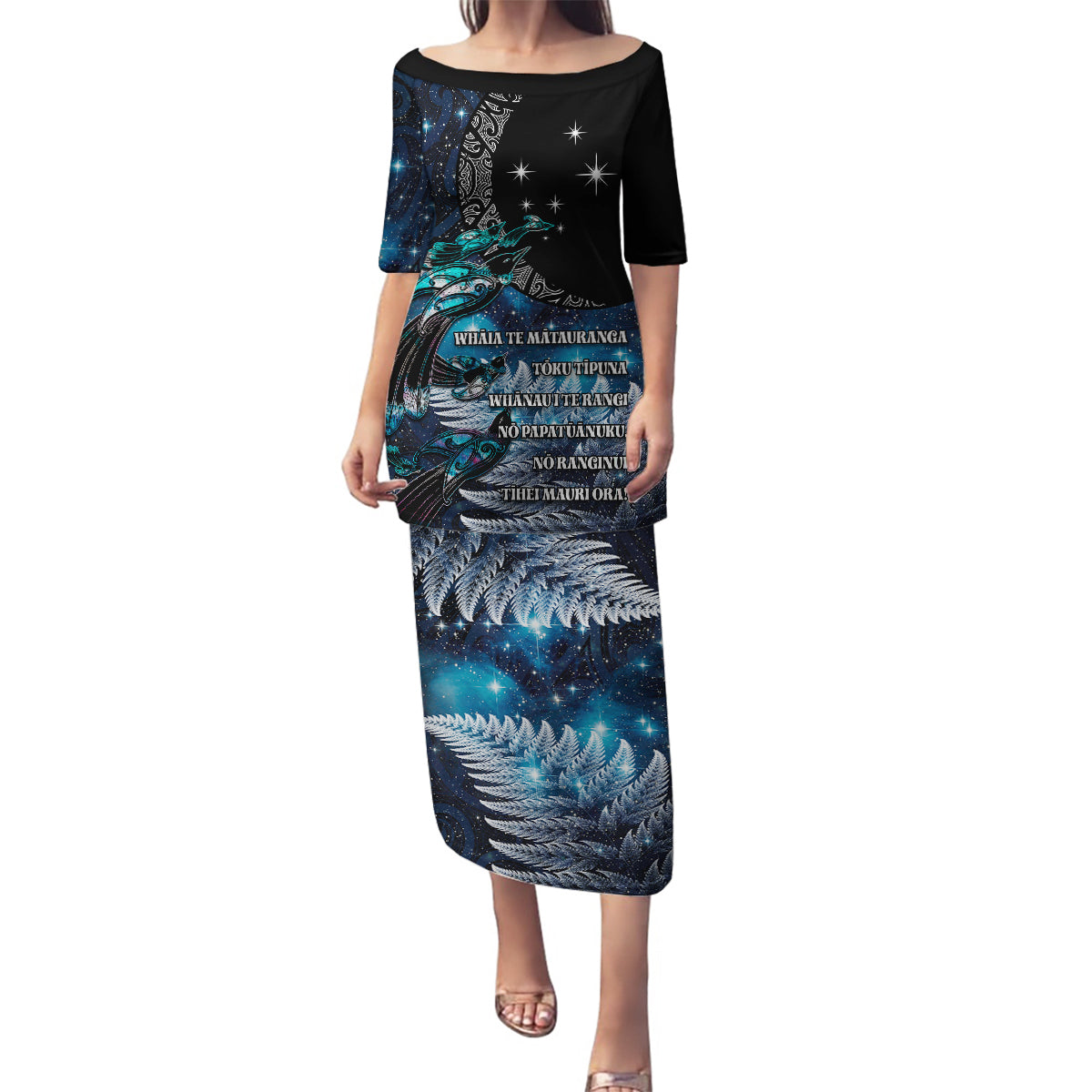 New Zealand Tui Bird Family Matching Puletasi and Hawaiian Shirt Matariki Poetry Pattern Galaxy Style LT03 Mom's Dress Blue - Polynesian Pride